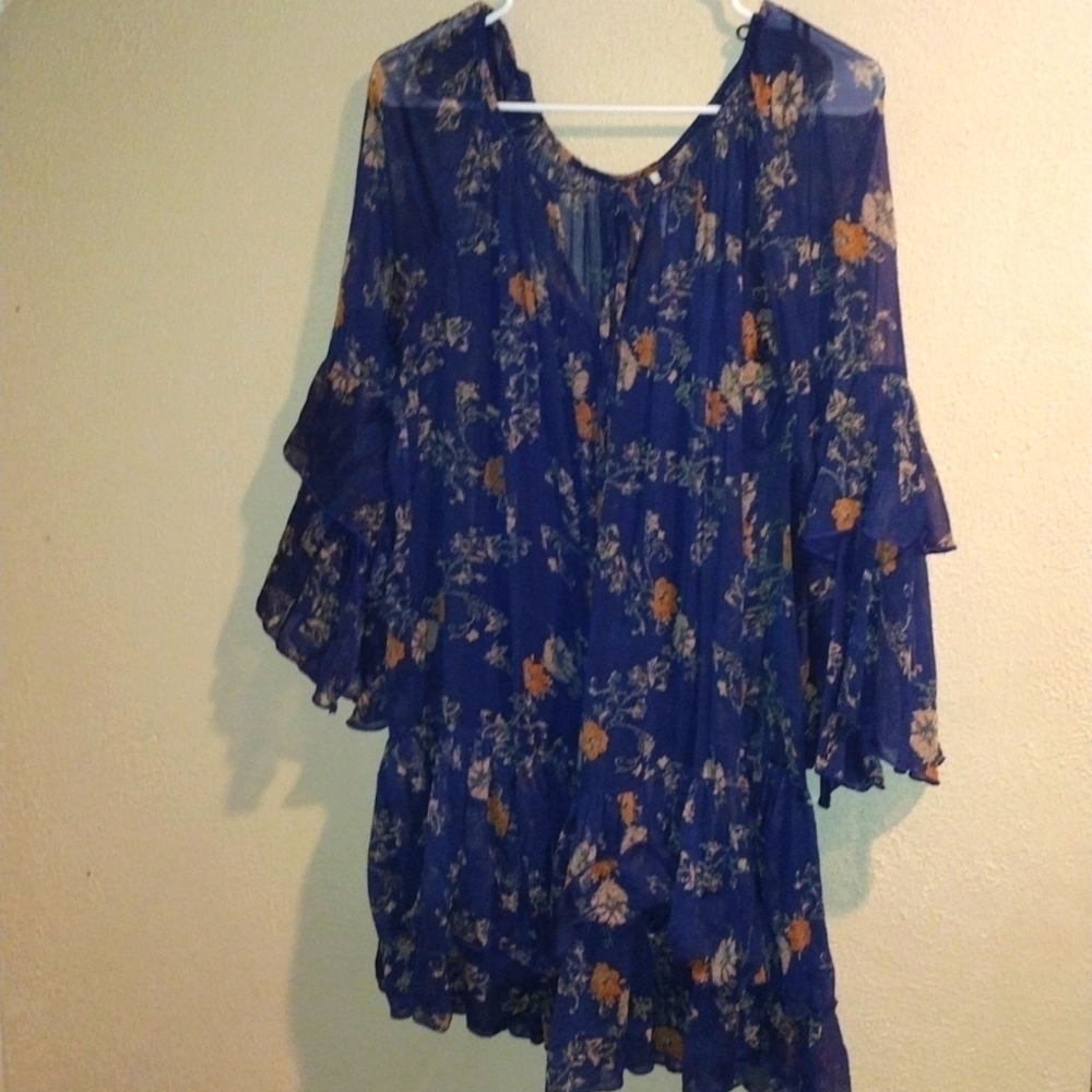 Free People Navy Blue Floral Sunsetter Mini Dress/Tunic Bell Sleeves M